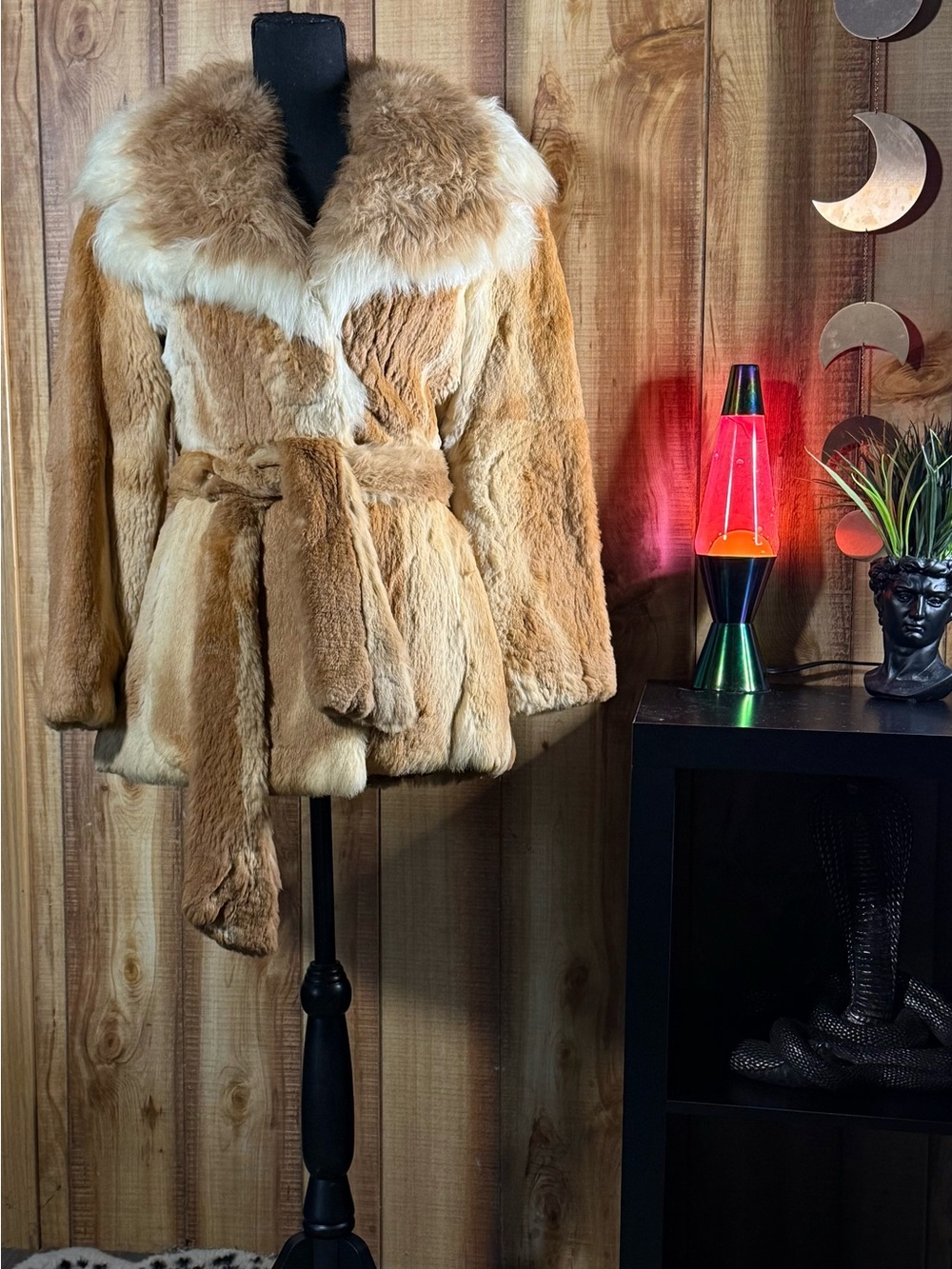 Beige Caramel Fur Belted Coat